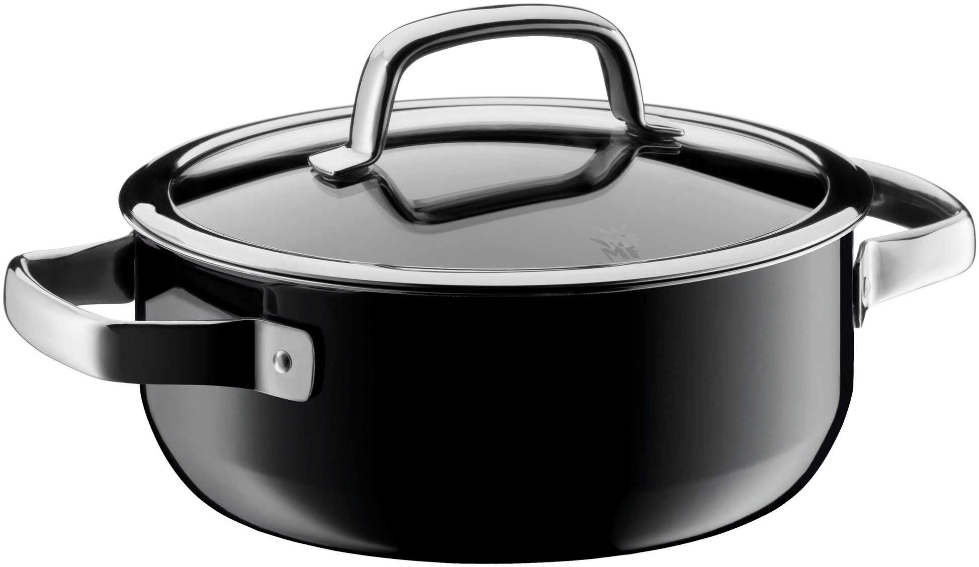Schwarzer Kochtopf mit Deckel, Metallgriff