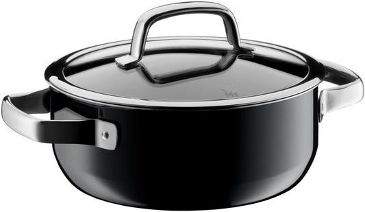 Schwarzer Kochtopf mit Deckel, Metallgriff