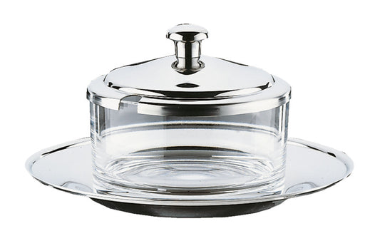 Glasbehälter mit Deckel und Unterteller.