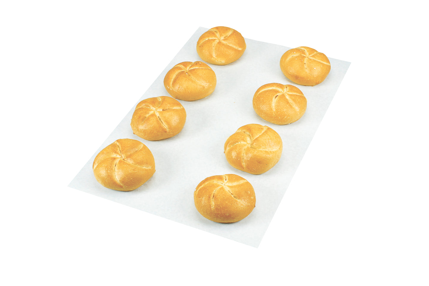 Brötchen auf Backpapier angeordnet.