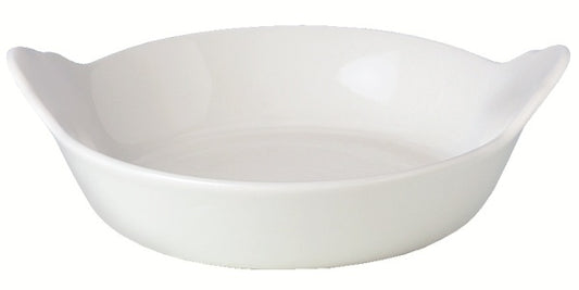Weiße, ovale Servierschale aus Porzellan.