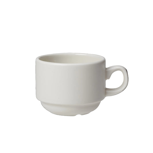 Weiße Tasse auf schwarzem Hintergrund.