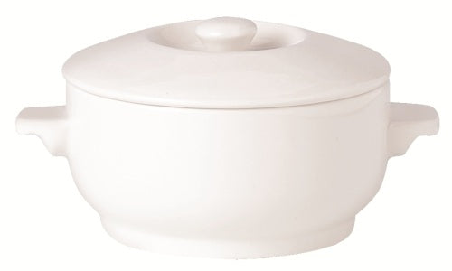 Weiße Suppenschüssel mit Deckel.