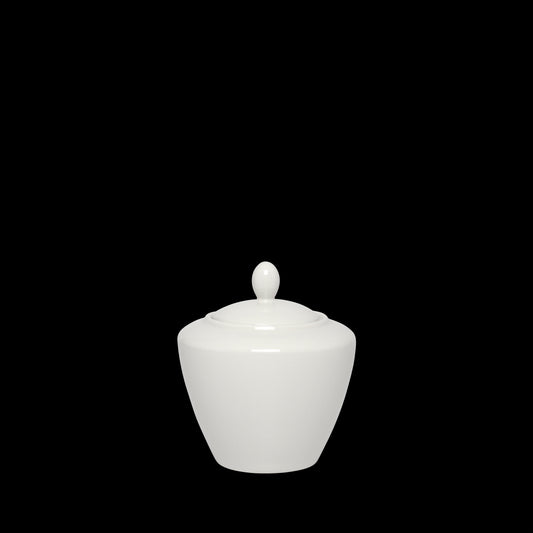 Weiße Porzellanschüssel mit Deckel.