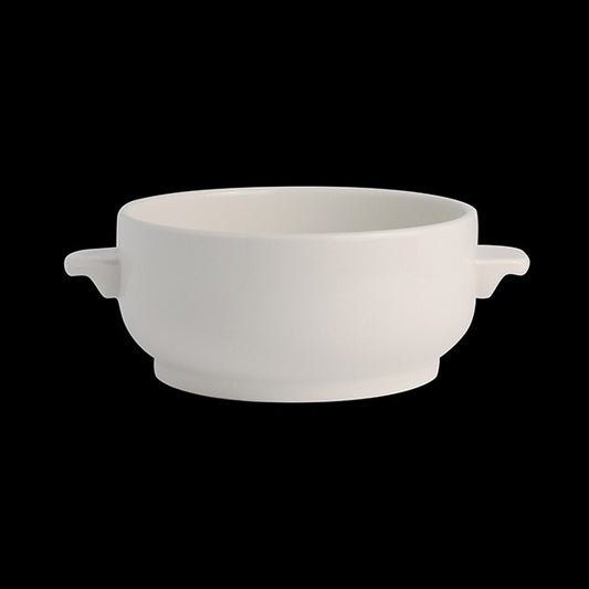 Weiße Suppenschüssel mit Henkeln.
