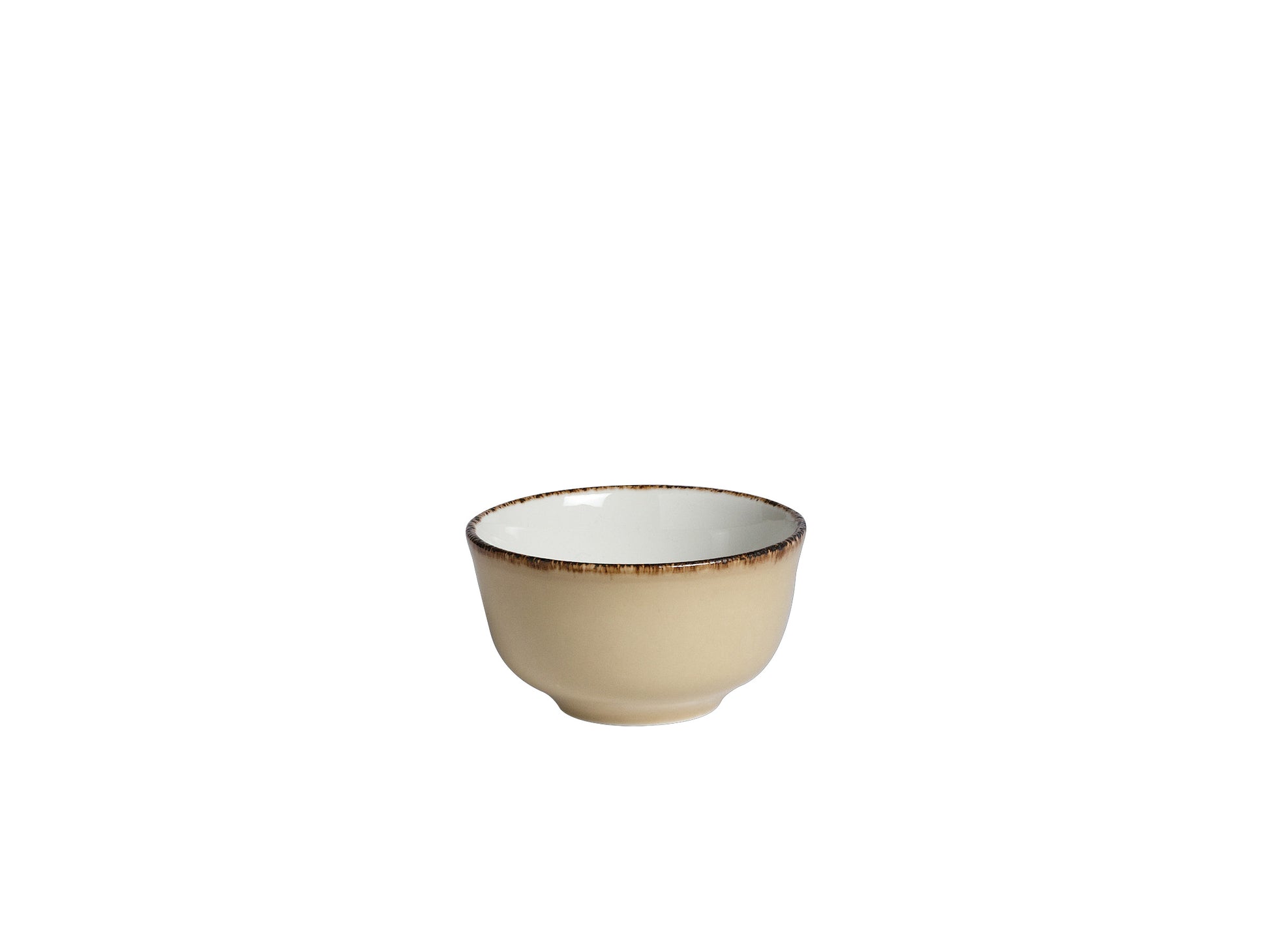 Beige Schüssel mit dunklem Rand.