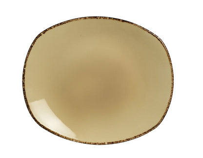 Beiger Teller mit dunklem Rand.