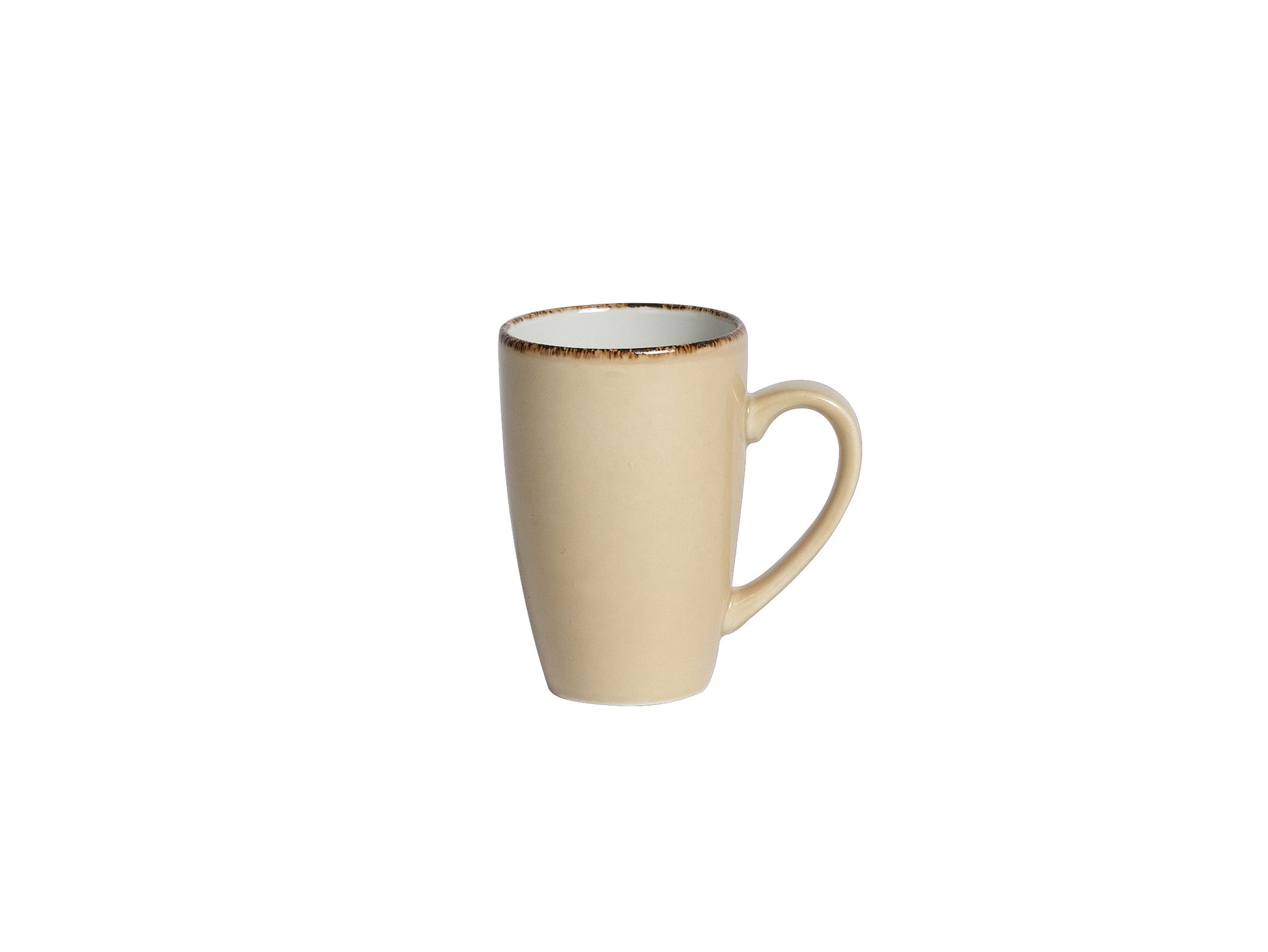 Beige Tasse mit Henkel.