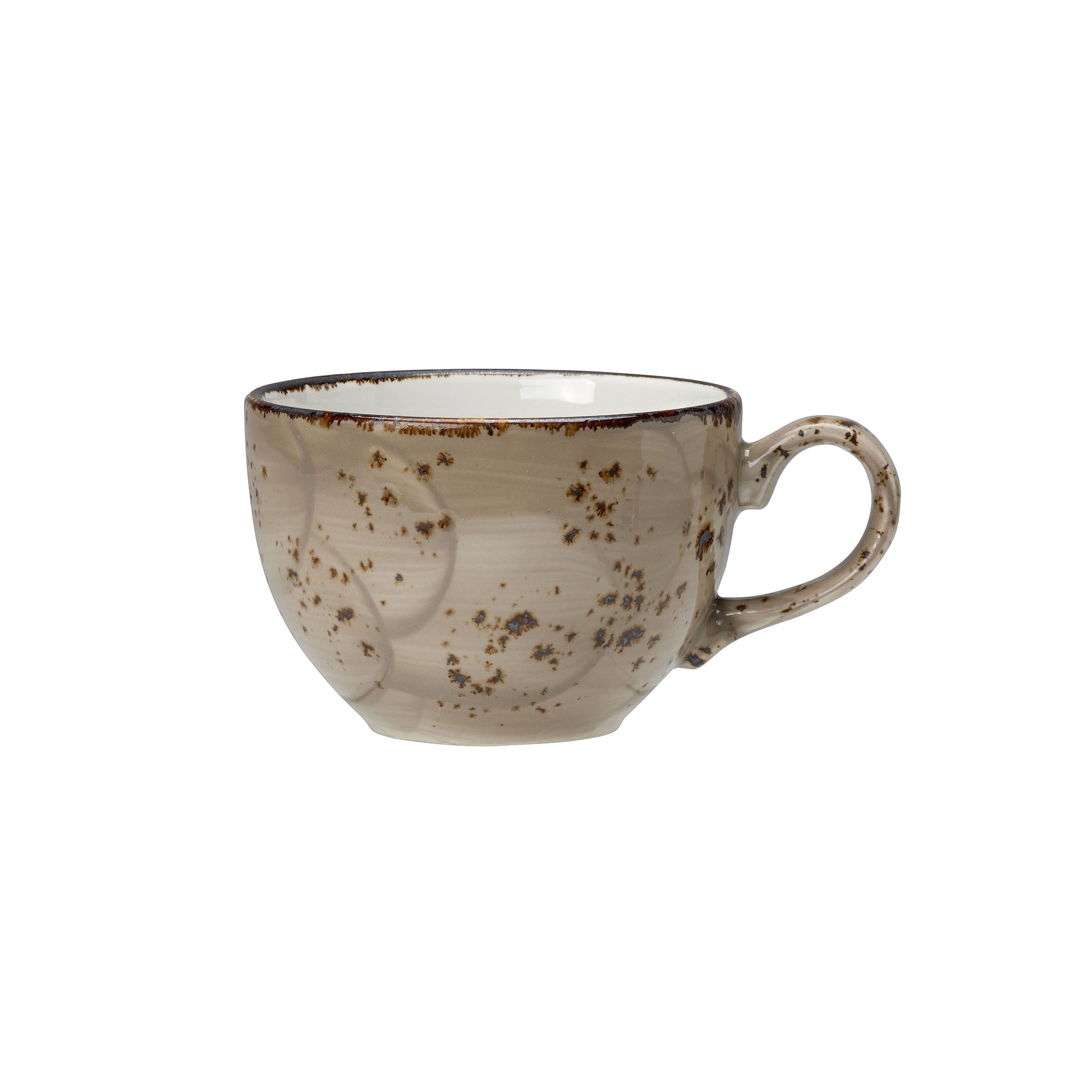 Keramiktasse mit gesprenkeltem Design.