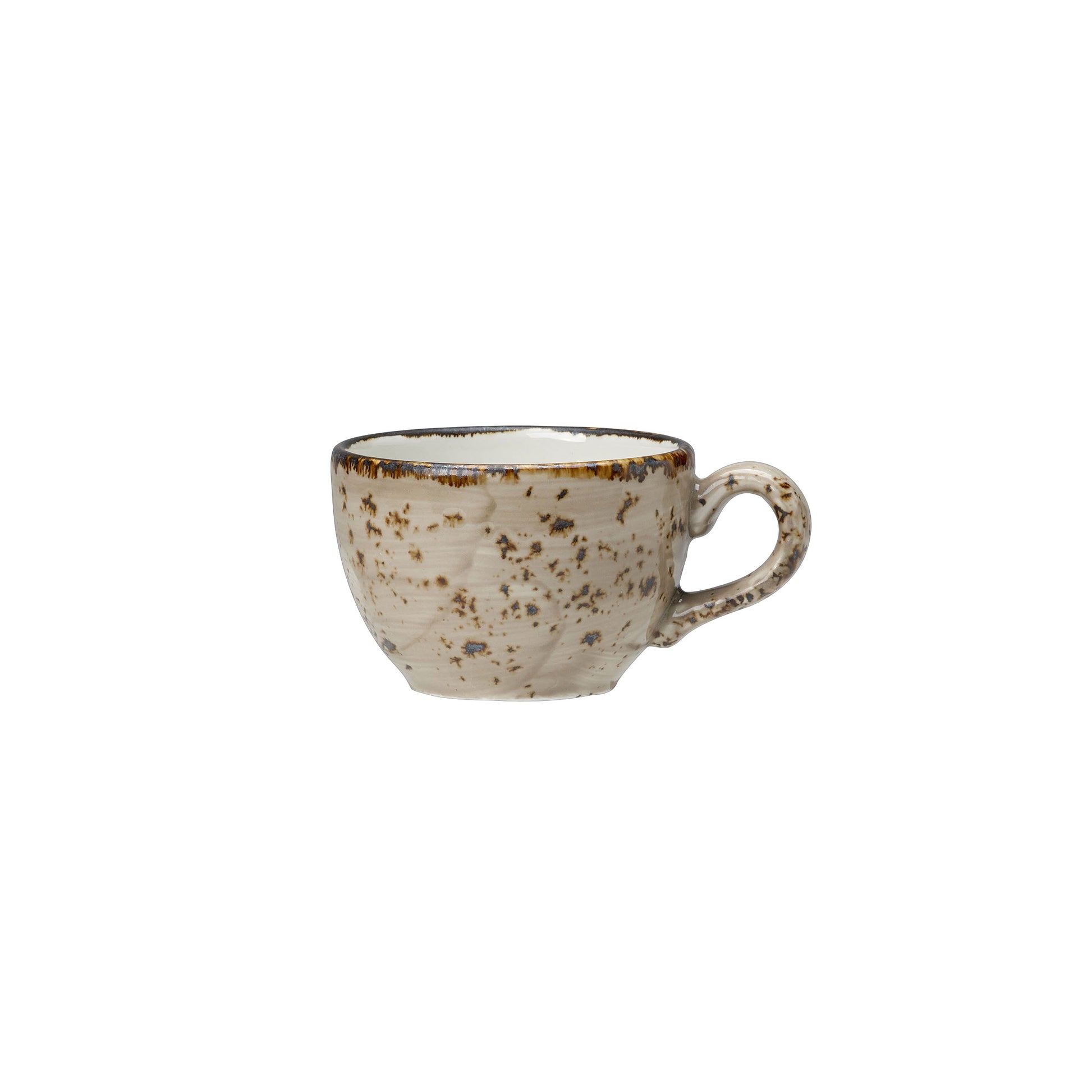 Keramiktasse mit gesprenkeltem Design.