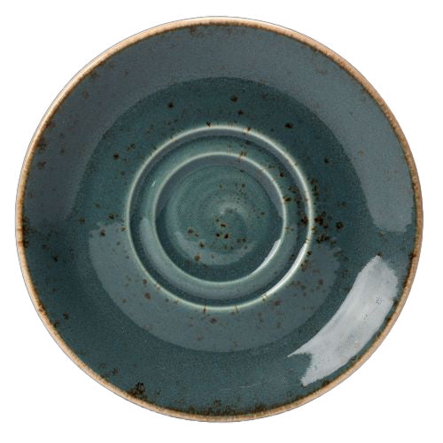 Blauer, rustikaler Keramikteller von oben.