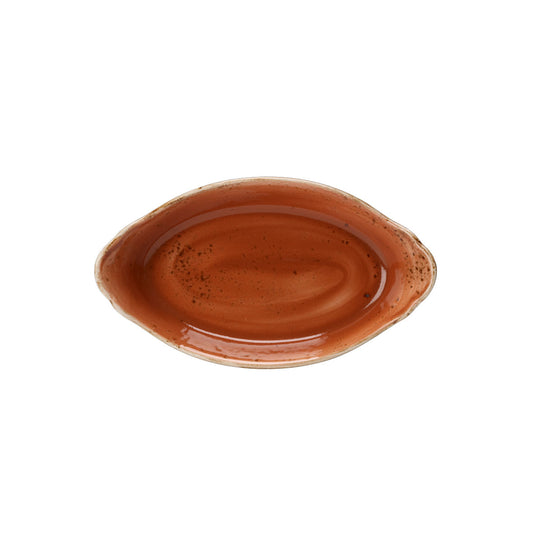 Braune ovale Keramikschale, leer.