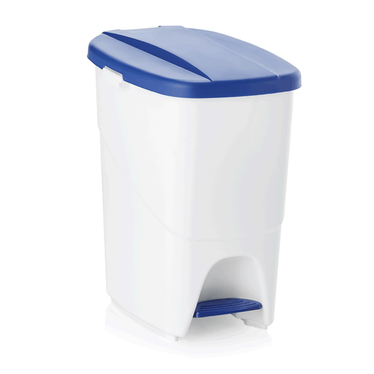 Mülleimer mit Fußpedal, blau-weiß.