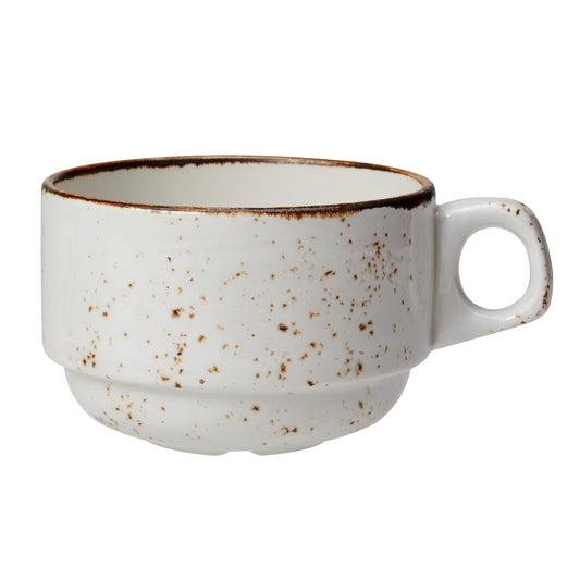 Weiße, gesprenkelte Kaffeetasse.