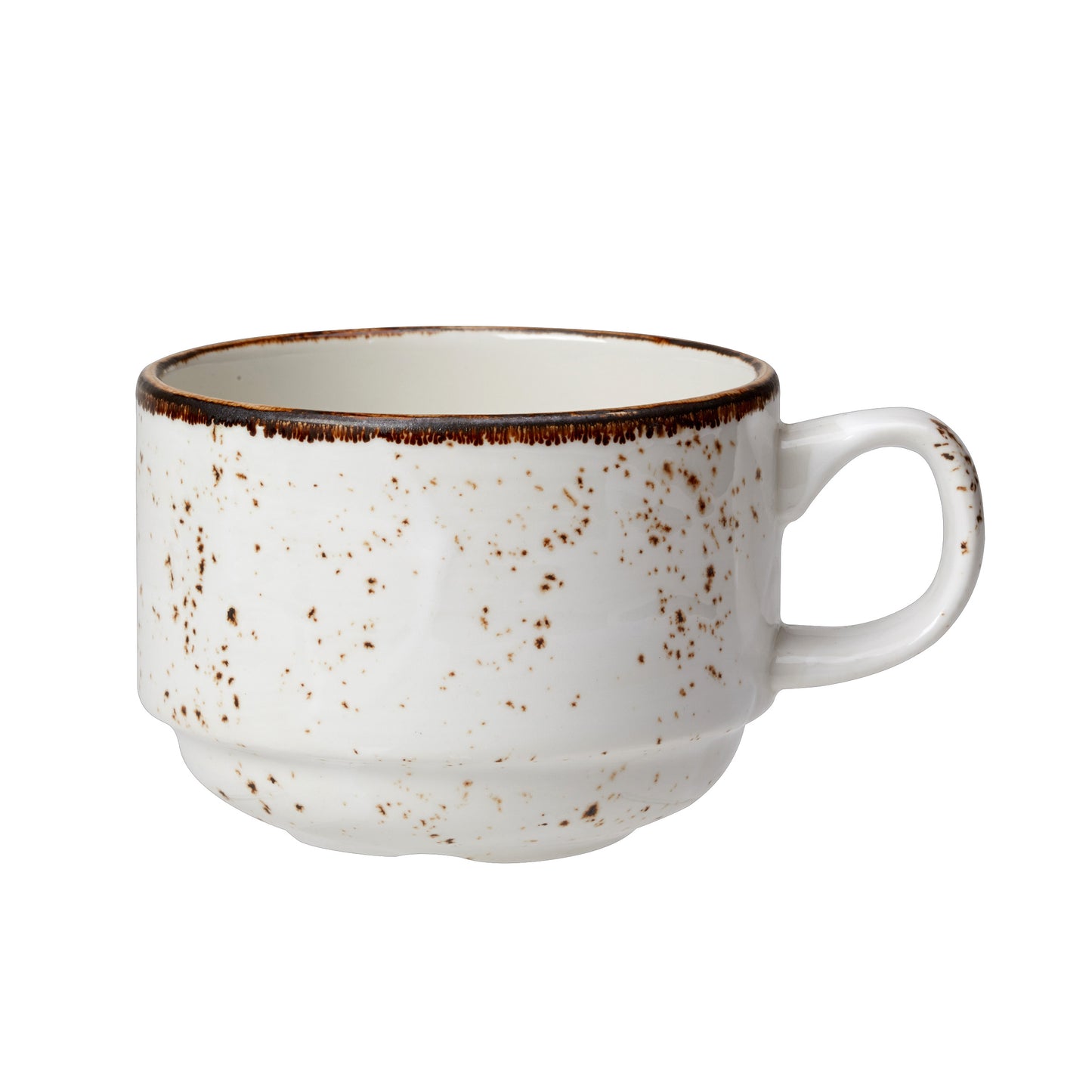 Weiße, gesprenkelte Kaffeetasse.