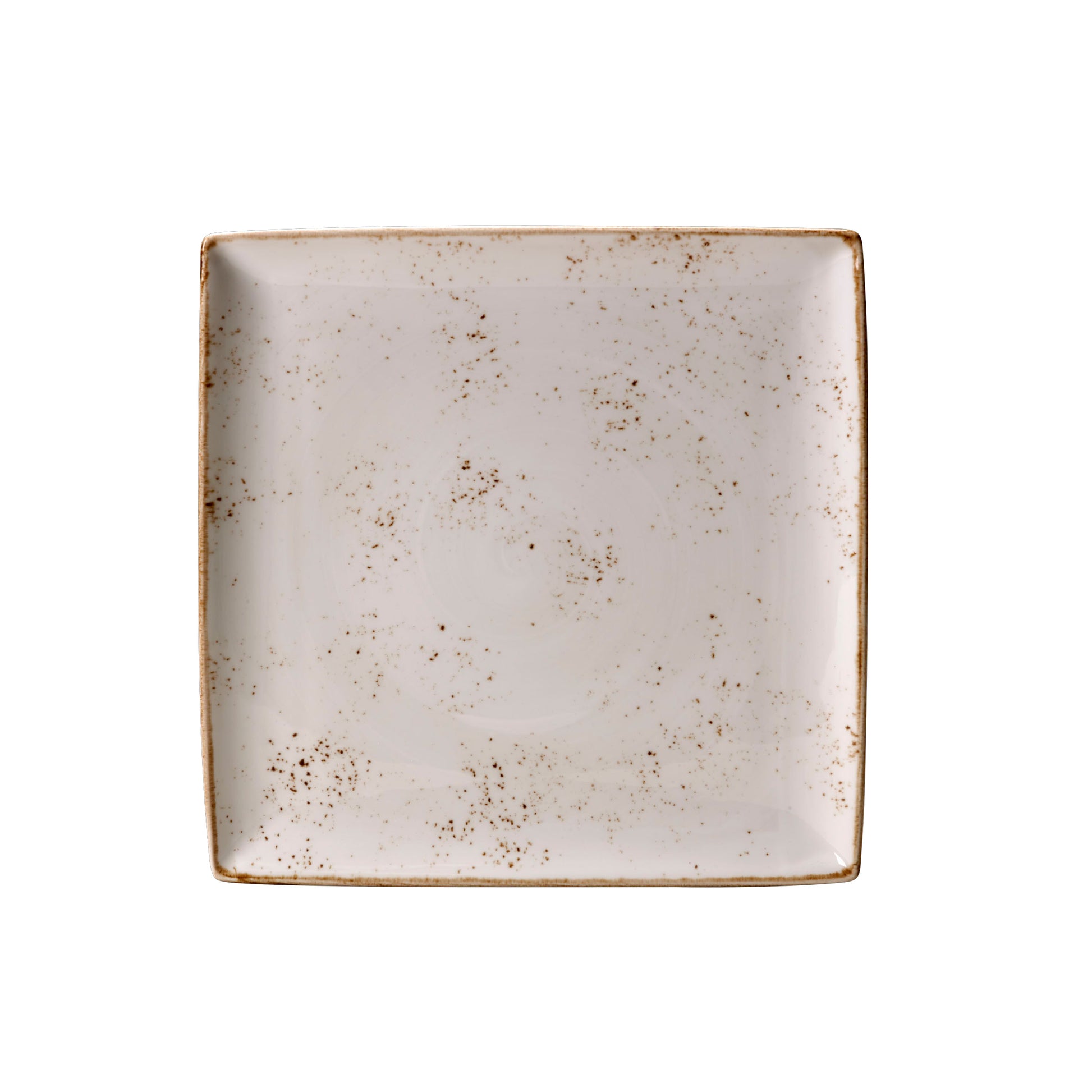 Leerer, quadratischer, gesprenkelter Teller.