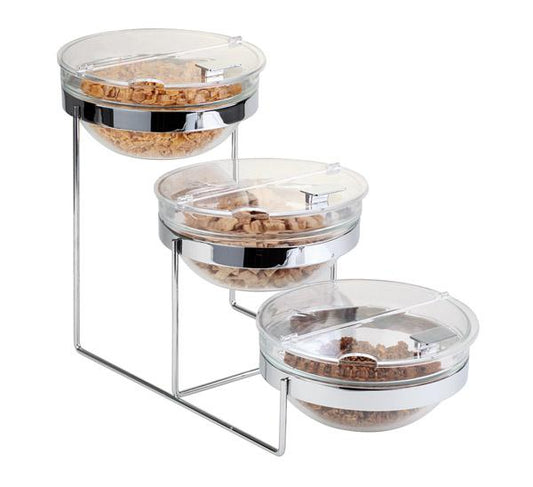 Drei stapelbare Müslispender aus Edelstahl.