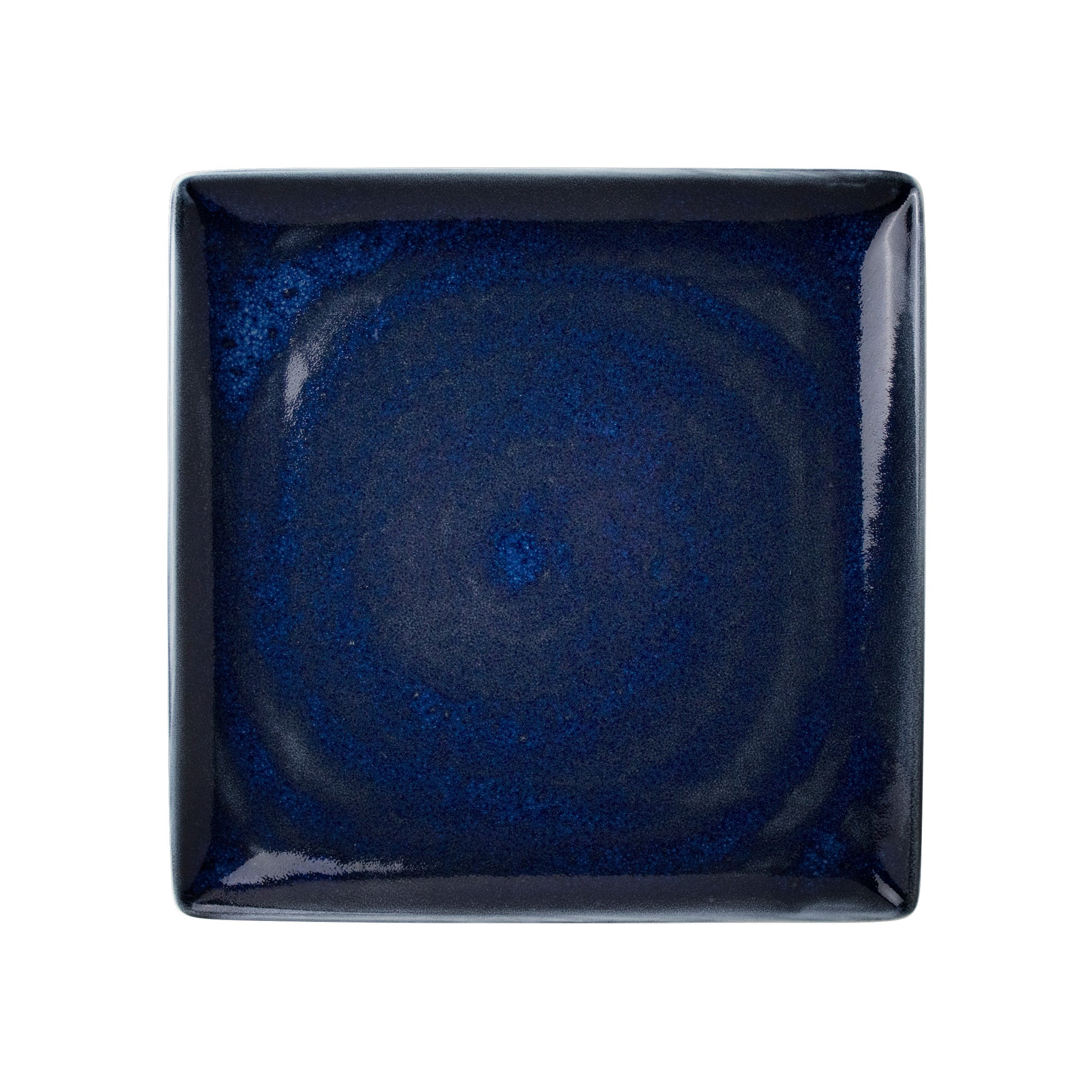 Quadratischer, blauer Teller, Draufsicht.