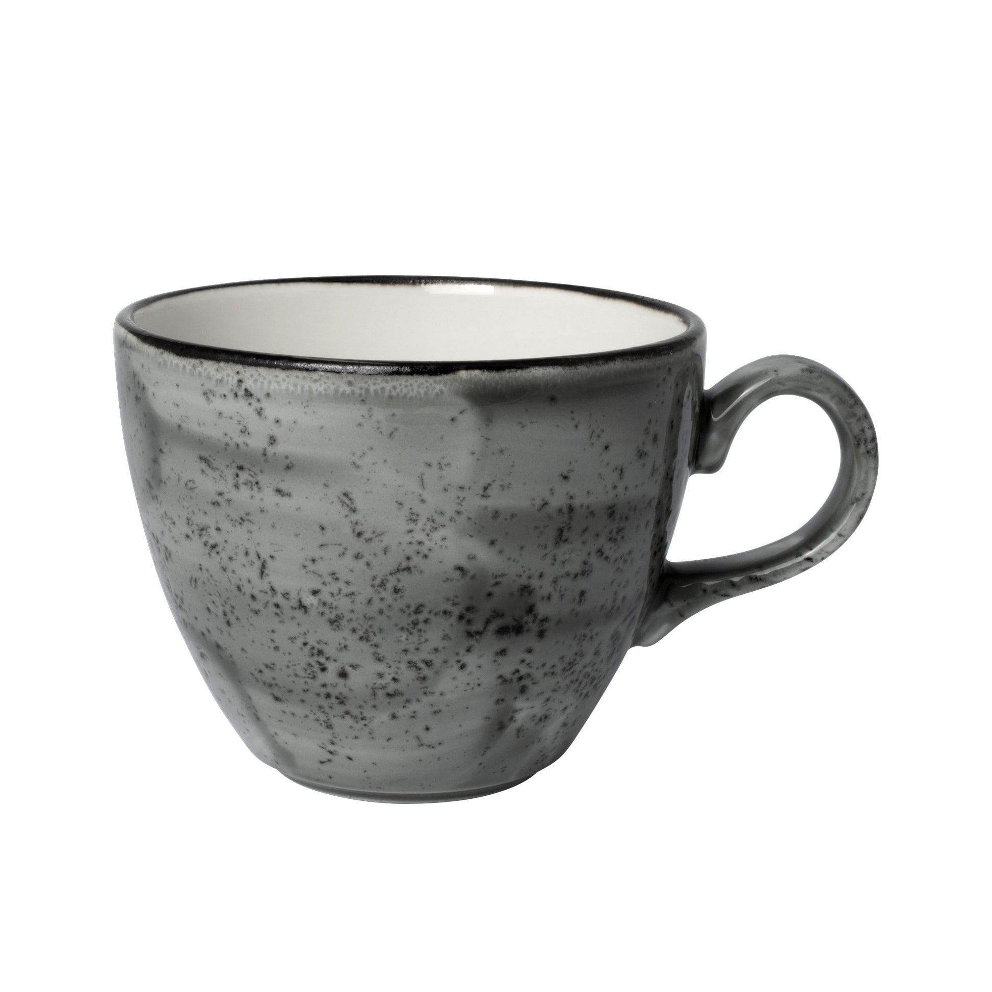 Graue, gesprenkelte Kaffeetasse.