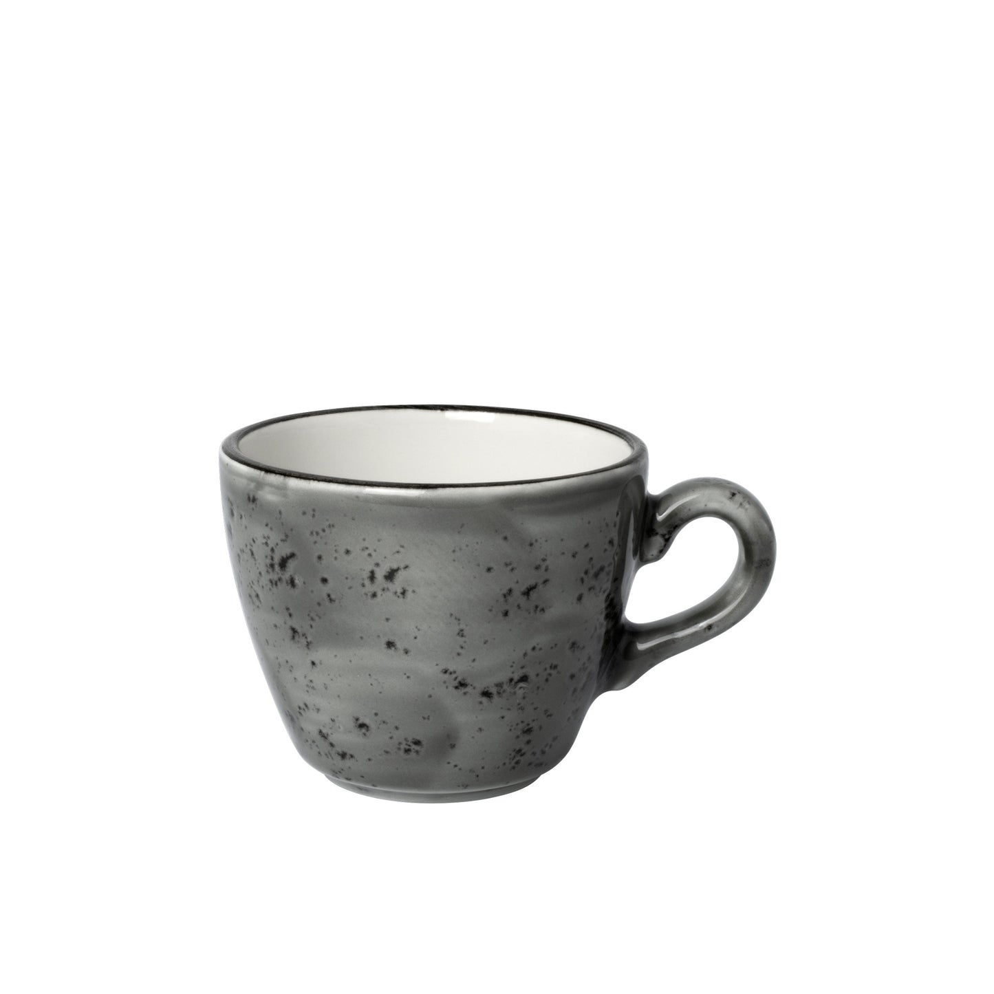 Graue, gesprenkelte Kaffeetasse.