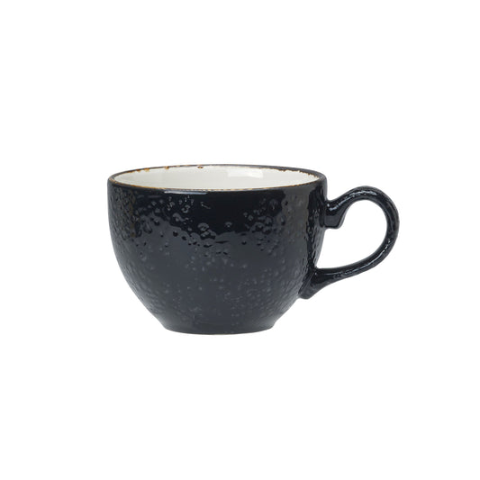 Schwarze Tasse mit Henkel.
