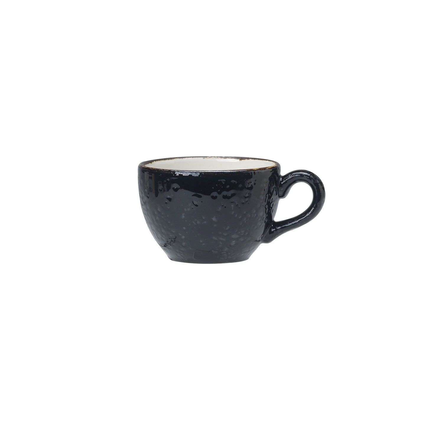 Schwarze Tasse mit Henkel.