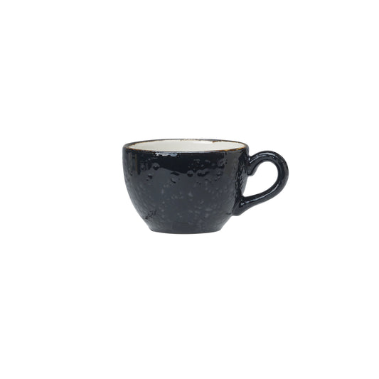 Schwarze Tasse mit Henkel.