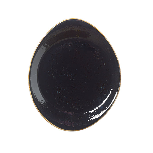 Schwarzer, unregelmäßiger Teller, obenansicht.