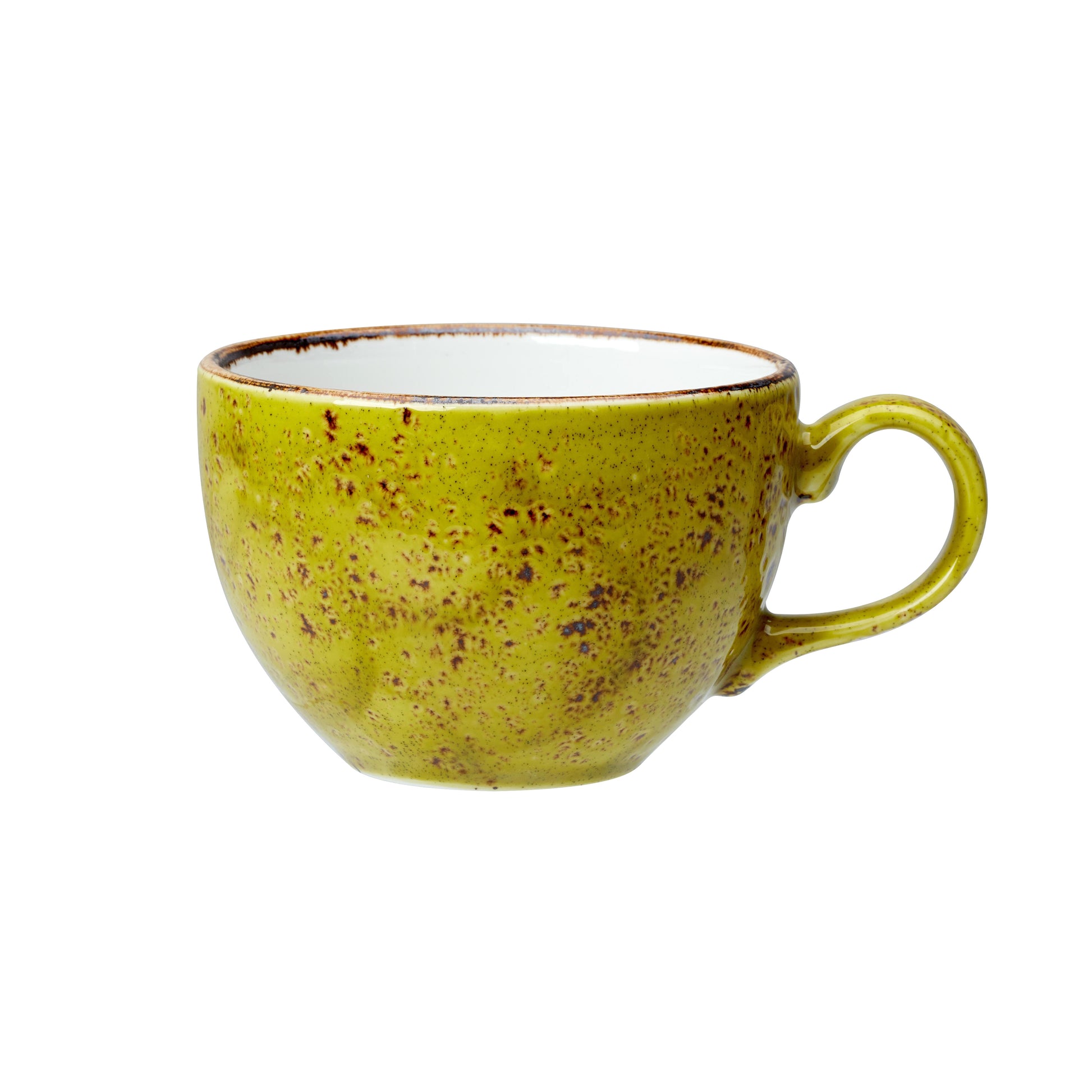 Grüne, gesprenkelte Kaffeetasse, isoliert.