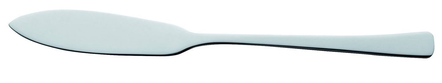 Silberner Fischmesser auf weißem Hintergrund.