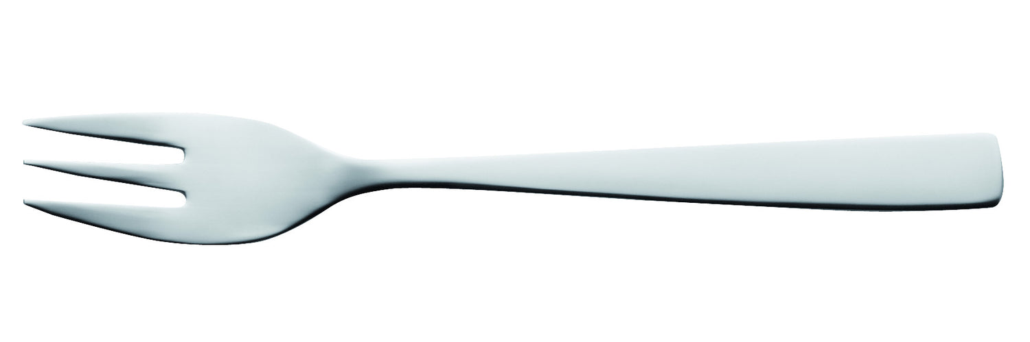 Weiße Gabel mit breiten Zinken.