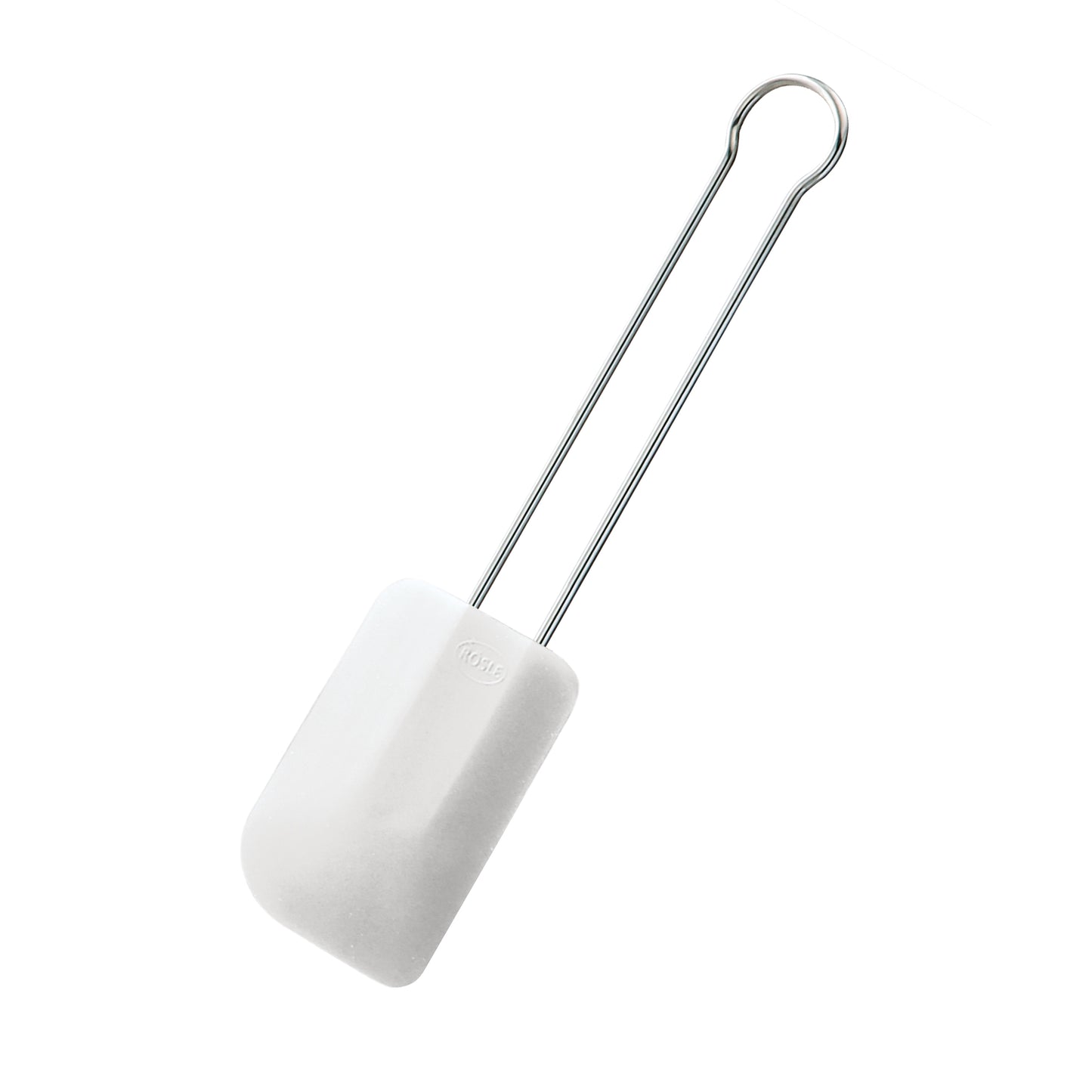 Weißer Silikonspatel mit Metallgriff.