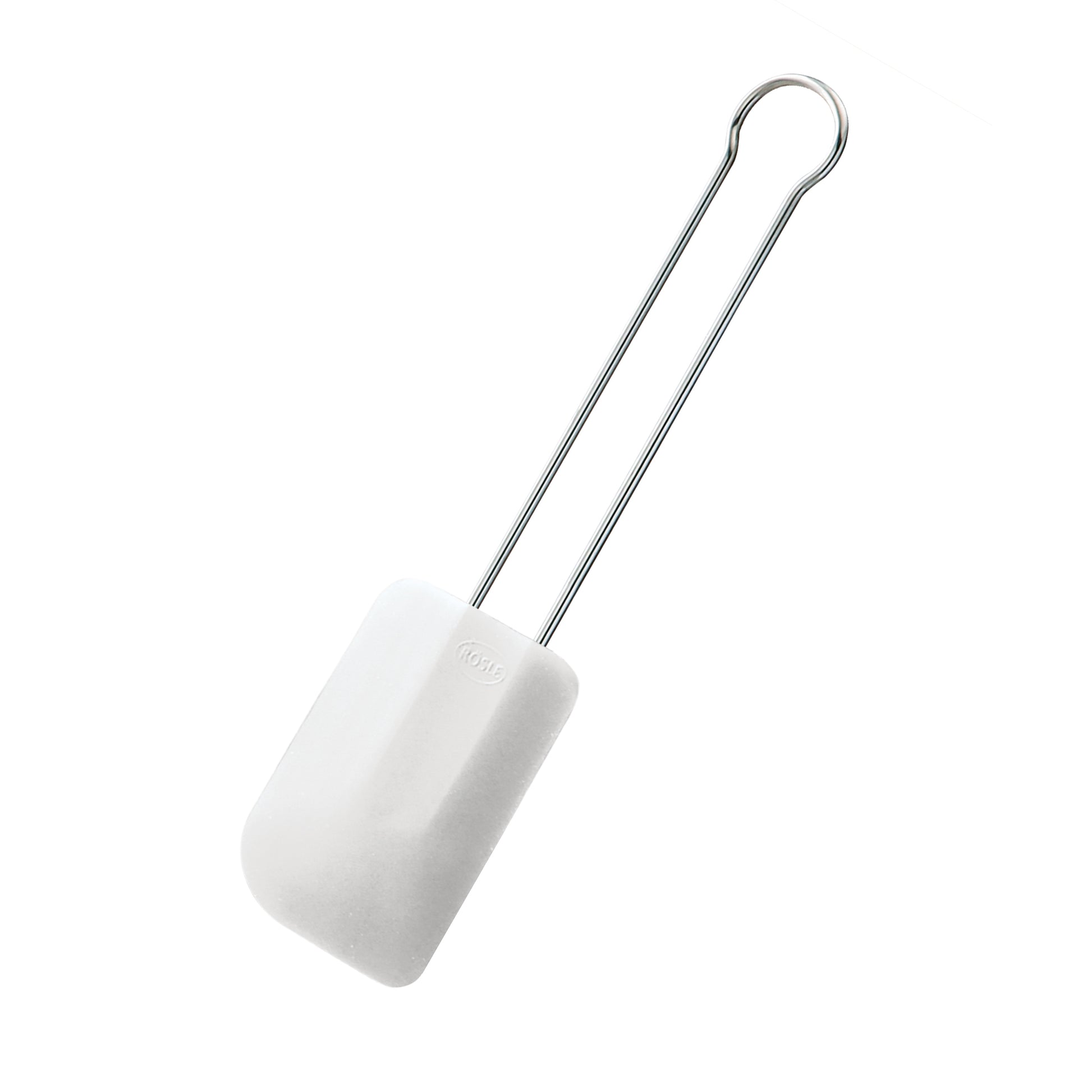 Weißer Silikonspatel mit Metallgriff.