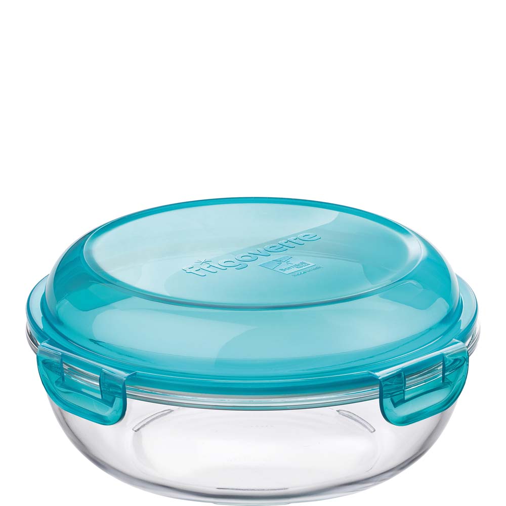 Transparenter Glasbehälter mit blauem Deckel