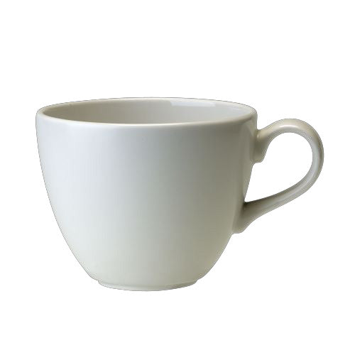 Weiße Tasse auf weißem Hintergrund.