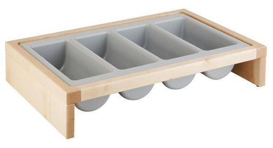 Holzgestell mit vier Schalen.