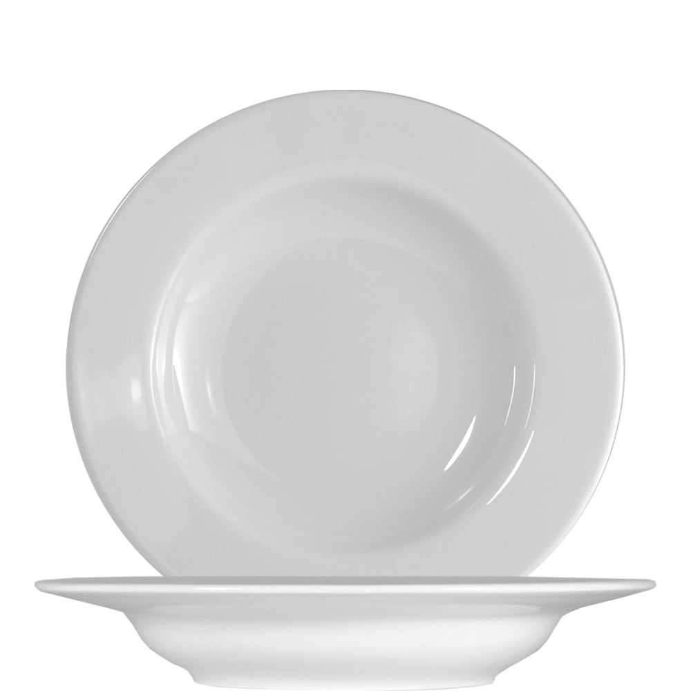 Weißer Porzellanteller, schlichtes Design.