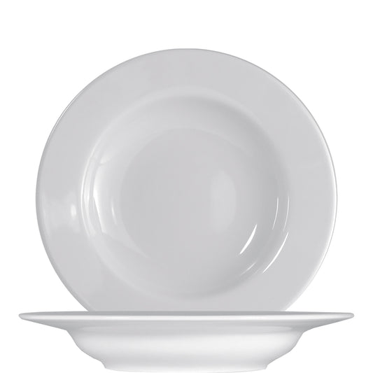 Weißer Porzellanteller, schlichtes Design.