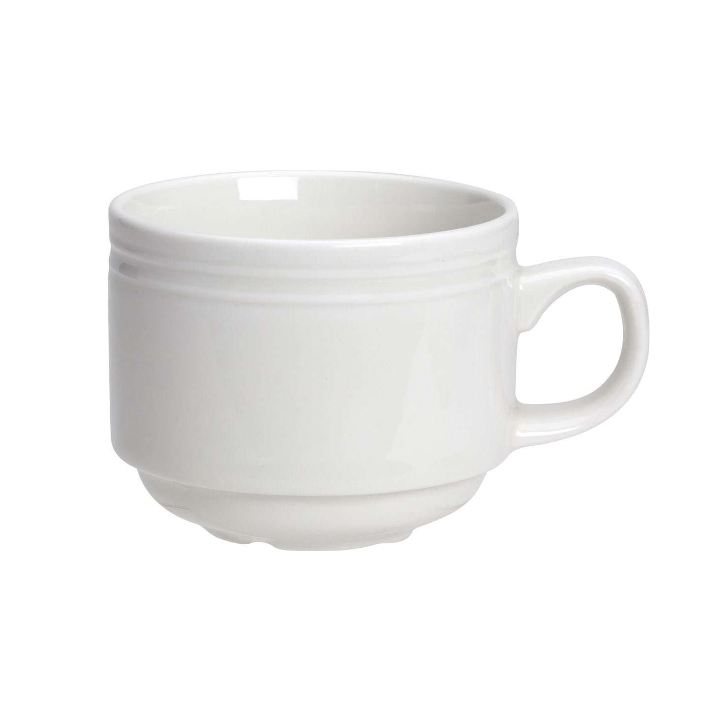 Weiße Tasse mit Henkel.