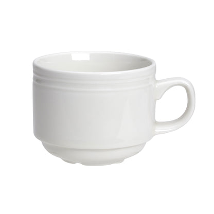 Weiße Tasse mit Henkel.