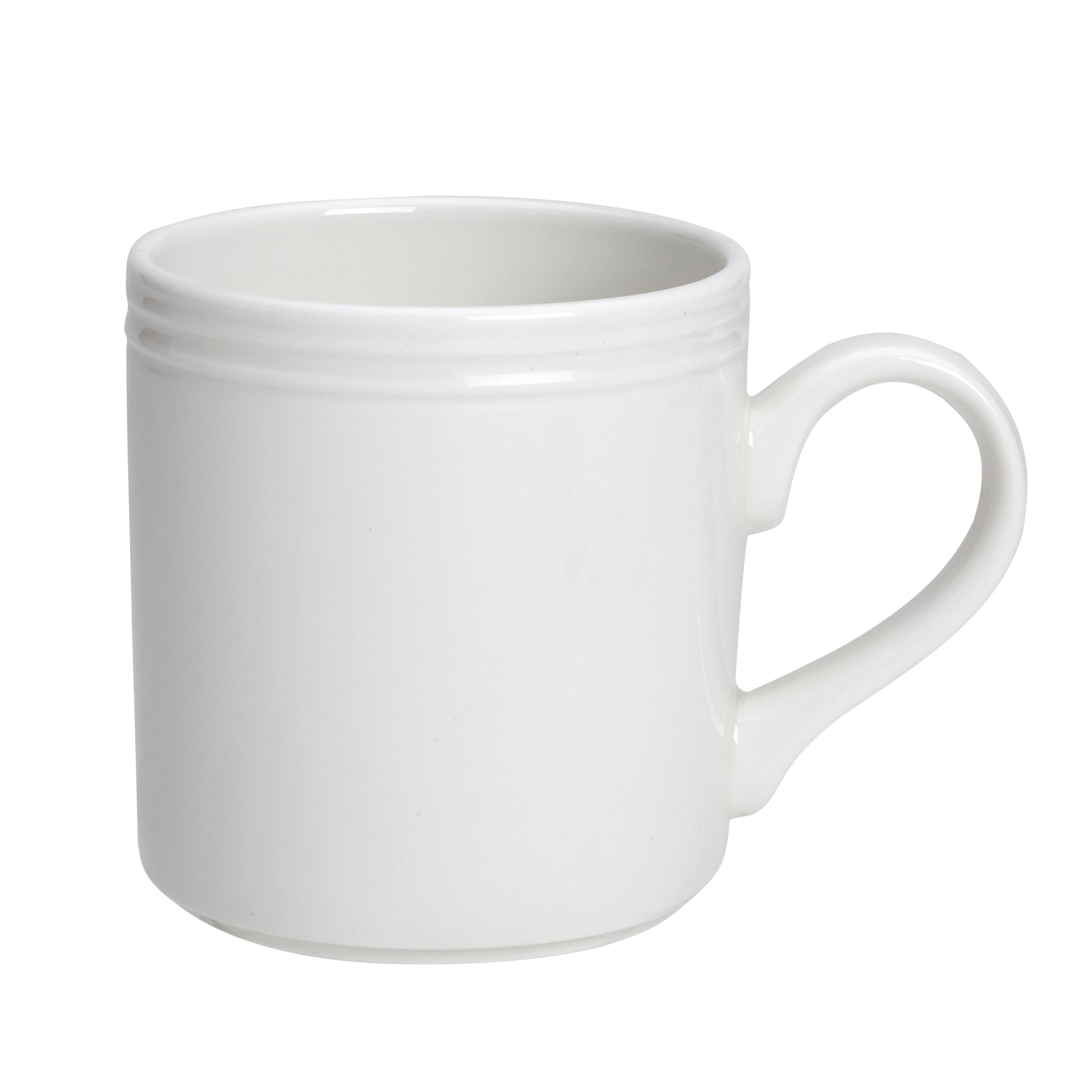 Weiße Tasse mit Henkel.