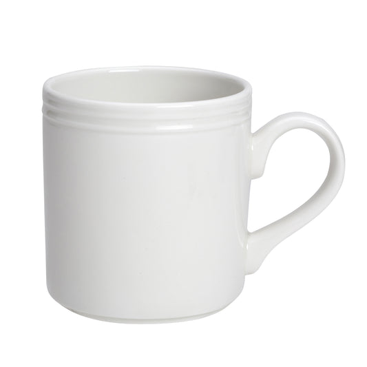 Weiße Tasse mit Henkel.