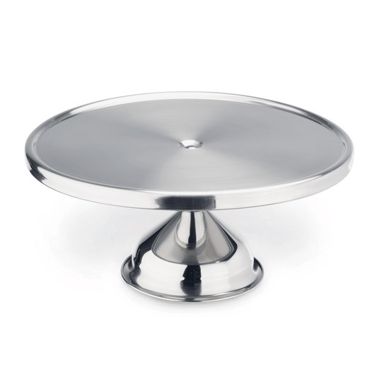 Silberne Tortenplatte aus Metall.