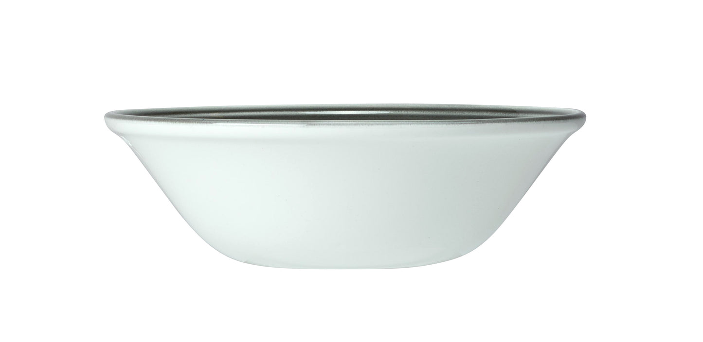 Weiße Schüssel mit grauem Rand.