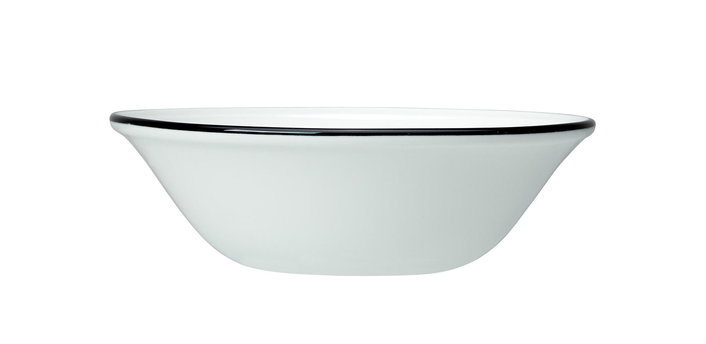 Weiße Schüssel mit schwarzem Rand.