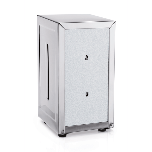 Silberner Serviettenspender aus Metall.