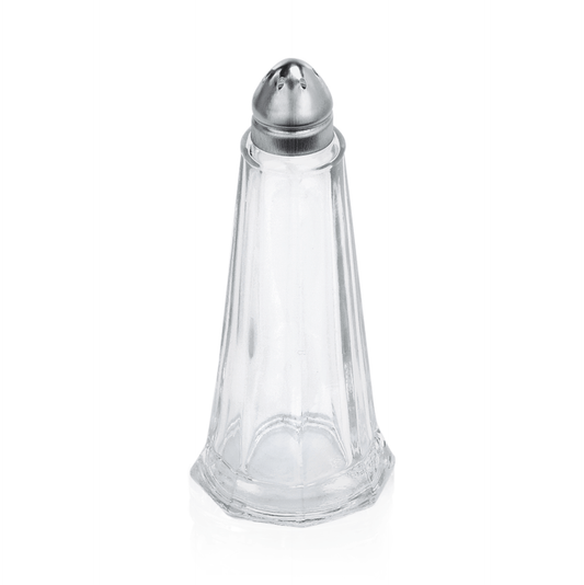 Salzstreuer aus Glas und Metall.