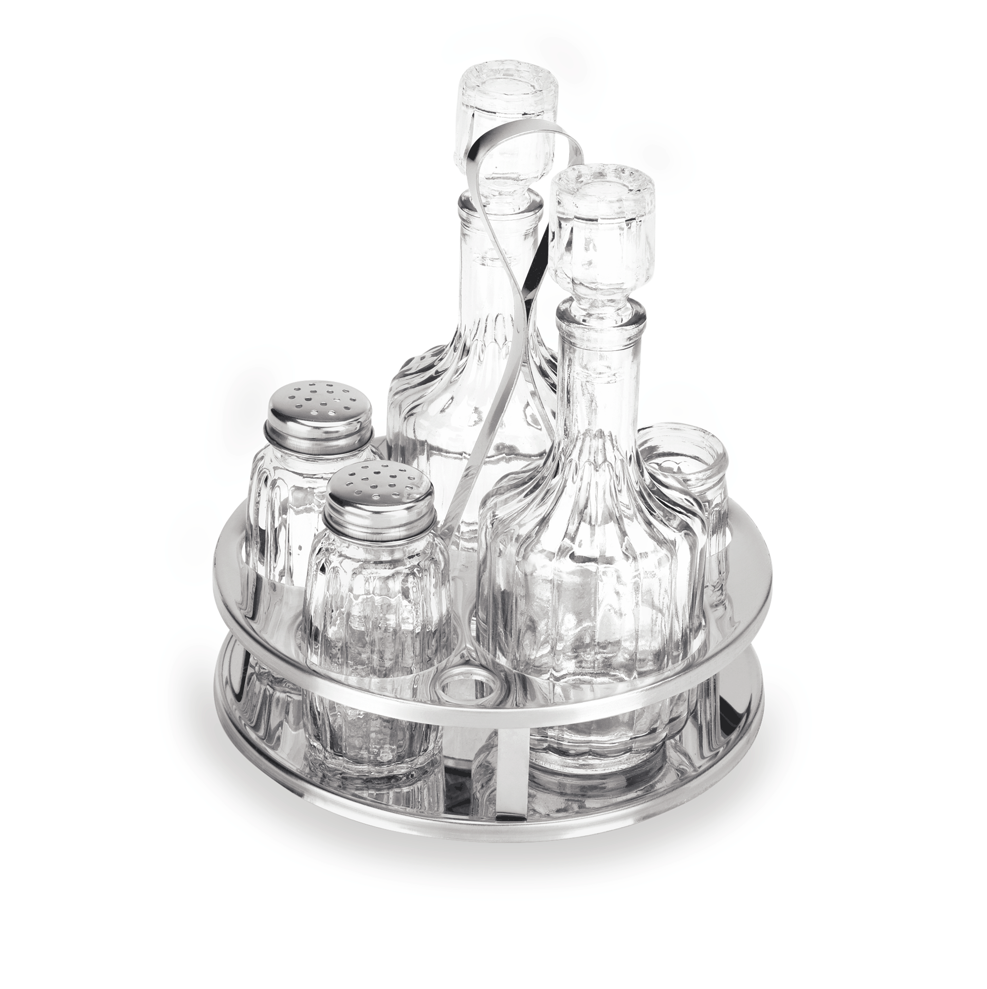 Gewürzständer mit Glasflaschen, silber.