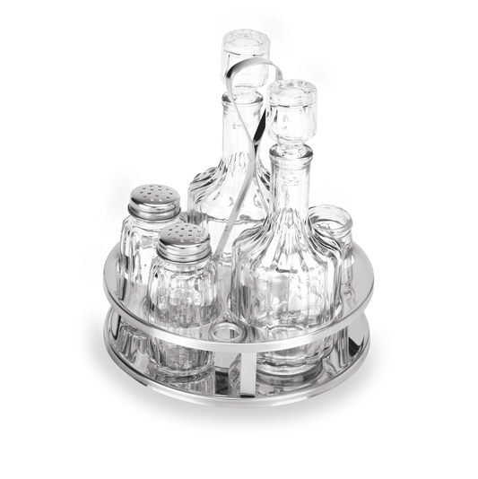 Gewürzständer mit Glasflaschen, silber.
