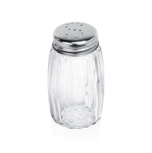 Salzstreuer aus Glas und Metall.